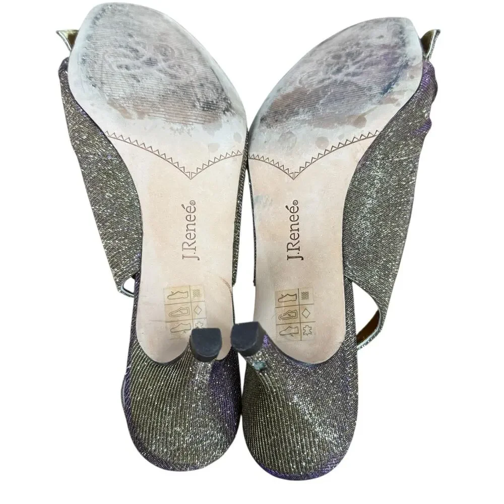 J Renee Metallic Gold Purple Slingback Peep Toe Heels Shoes Leather Sole sz 11